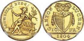 Lucerne. Canton gold 10 Franks 1804 MS61 NGC, KM98, Fr-327. Beautiful citrus-gold coloring highlights both sides of the planchet, while impressive des...