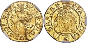 Sigismund Bathory gold Ducat 1587 MS62 NGC, Fr-295. Slightly wavy flan, yet clearly as made with abundant mint luster. Struck with a worn reverse die ...