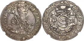 Sigismund Bathory Taler 1595 XF40 NGC, Dav-8804, Resch-198. Obv. Armored half-length portrait of Sigismund right, holding scepter. Rev. Crowned arms w...