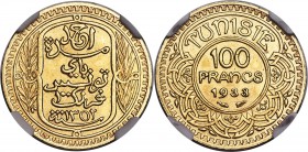 French Protectorate. Ahmad Pasha Bey gold 100 Francs AH 1352 (1933)-(a) MS63 NGC, Paris mint, KM257. Lightly toned and attractive, rare date with only...