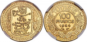 French Protectorate. Ahmad Pasha Bey gold 100 Francs AH 1353 (1934)-(a) MS64 NGC, Paris mint, KM257. Choice brilliant example, rare date with a listed...