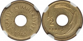 Republic 1/2 Kurush 1948 MS64 NGC, KM884. Also valued as a 20 Para, a rare type with a mintage of just 150 pieces, none of which entered circulation. ...