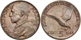 Pius XII 9-Piece Uncertified Mint Set 1943 UNC, 1) 5 Centesimi, KM31 2) 10 Centesimi, KM32 3) 20 Centesimi, KM33 4) 50 Centesimi, KM34 5) Lira, KM35 6...