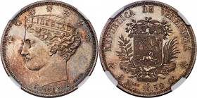 Republic 5 Reales 1858-A MS64 NGC, Paris mint, KM-Y11. A simply stunning example of this very rare and highly popular type. Currently holding the titl...