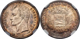 Republic 1/2 Bolivar 1912 MS62 NGC, Paris mint, KM-Y21. Displaying premium eye-appeal for the grade with flares of blue, maroon and russet-orange pati...