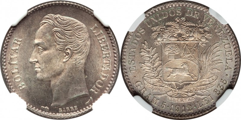 Republic Bolivar 1912 MS64 NGC, KM-Y22. The highest grade level for this scarcel...