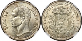 Republic 5 Bolivares 1929-(p) MS63 NGC, KM-Y24.2. Cartwheel luster and few friction marks. A very appealing example.

HID09801242017