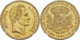 Republic gold 100 Bolivares 1886 MS60 NGC, Caracas mint, KM-Y34, Fr-2. Quite pleasing for the grade, with underlying luster and no unseemly contact ma...
