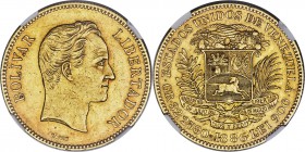 Republic gold 100 Bolivares 1886 AU58 NGC, Caracas mint, KM-Y34, Fr-2. Variety with "86" apart. Lemon-gold with gray tones at the base of the raised e...