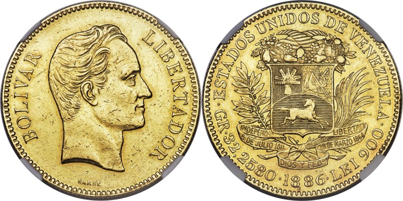 Republic gold 100 Bolivares 1886 AU Details (Cleaned) NGC, Caracas mint, KM-Y34,...