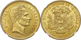 Republic gold 100 Bolivares 1887 UNC Details (Obverse Cleaned) NGC, Caracas mint, KM-Y34. Bright luster still strongly evident despite the noted clean...
