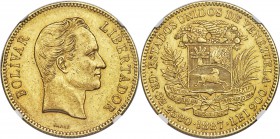 Republic gold 100 Bolivares 1887 AU58 NGC, Caracas mint, KM-Y34. A well-struck example with nearly imperceptible evidence of handling, very few minor ...