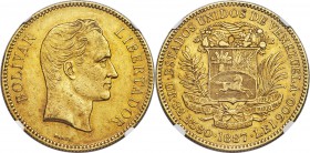 Republic gold 100 Bolivares 1887 AU55 NGC, Caracas mint, KM-Y34. Exhibits light rose-gold toning towards the peripheries and subdued luster. Light con...