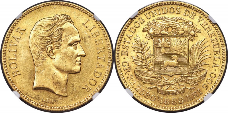 Republic gold 100 Bolivares 1888 MS60 NGC, Caracas mint, KM-Y34, Fr-2. Moderatel...