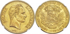 Republic gold 100 Bolivares 1888 AU58 NGC, Caracas mint, KM-Y34, Fr-2. Attractive and relatively free of the contact marks that normally plague this i...