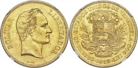 Republic gold 100 Bolivares 1889 MS62 NGC, Caracas mint, KM-Y34, Fr-2. Brilliant luster and minimal friction marks make this large gold 100 Bolivares ...
