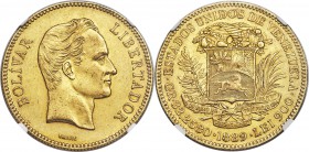Republic gold 100 Bolivares 1889 MS60 NGC, Caracas mint, KM-Y34. Pleasing luster and a tinge of peripheral toning, bold strike and few contact marks.
...