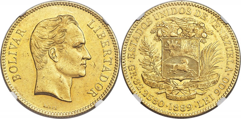 Republic gold 100 Bolivares 1889 AU58 NGC, Caracas mint, KM-Y34. One rather insi...