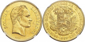 Republic gold 100 Bolivares 1889 AU58 NGC, Caracas mint, KM-Y34. One rather insignificant contact mark in the obverse field, but otherwise relatively ...