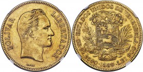 Republic gold 100 Bolivares 1889 AU55 NGC, Caracas mint, KM-Y34. Mild circulation wear is observed across the raised portions, while the olive-gold pl...