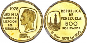 Republic gold Proof 500 Bolivares 1975 PR67 Ultra Cameo NGC, KM-Y54, Fr-9. Struck to commemorate the nationalization of the oil industry. Obv. Oil der...