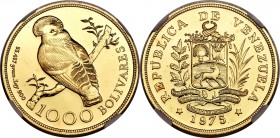 Republic gold "Cock of the Rock" 1000 Bolivares 1975 MS68 NGC, British Royal Mint mint, KM-Y48.1. A lustrous and prooflike gem specimen. AGW 0.9675 oz...