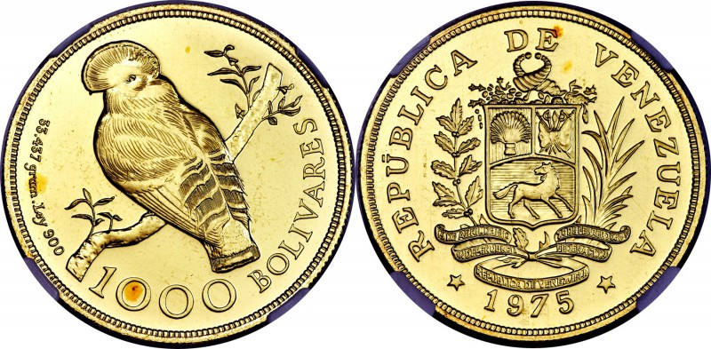 Republic gold "Cock of the Rock" 1000 Bolivares 1975 MS67 NGC, KM-Y48.1. Mintage...