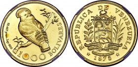 Republic gold "Cock of the Rock" 1000 Bolivares 1975 MS67 NGC, KM-Y48.1. Mintage: 5,047. A Superb Gem Mint State example of this ever-popular modern g...