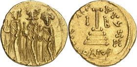 Arab-Byzantine coins, Temp. of caliph Mu’âwiya, 41-60 H./661-680 AD.

Gold Solidus imitating Byzantine solidi of Heraclius with Heraclius Constantine ...