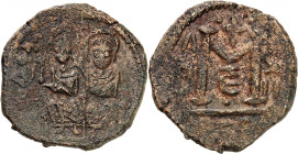 Arab-Byzantine coins, Palestine and al-Urdunn copper coins. 

AE Fals/Follis of Justin II and Sophia type, Gerasa/Jarash. Imperial couple enthroned, t...