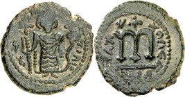 Arab-Byzantine coins, Palestine and al-Urdunn copper coins. 

AE Fals/Follis, Tiberias/Tabarîya. Standing emperor holding a globe with cross in his le...