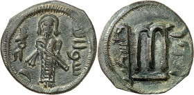 Arab-Byzantine coins, Temp. of ‘Abd al-Malik ibn Marwân, 65-70 H./685-705 AD.

AE Fals of standing caliph type, Iliyâ. The caliph with whip hanging do...