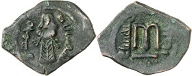 Arab-Byzantine coins, Temp. of ‘Abd al-Malik ibn Marwân, 65-70 H./685-705 AD.

AE Fals of standing caliph type, Iliya. The caliph with whip hanging do...