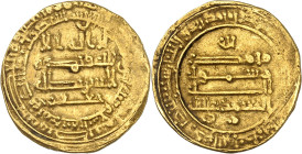 al-Mu’tamid ´alâ llâh, 256-279 H./870-892 AD.

Gold Dinar 258 H., Madînat as-salâm. Name of the prince Ja’far. 4,23g.

Very fine.