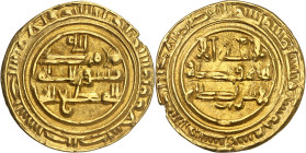 Anonymous coinage.

Gold Dinar 335 H., Bîsha. Only in the name of the caliph al-Muti`. 2,71g. SICA 10.9-11; Album 1062.

Very rare. Very fine.