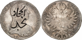 Maria Theresia, 1740-1780 AD.

Silver Taler 1780, Günzburg, immobilized 19/20th century strike with countermark “Najd” and “al-Hijâz”. 27,24g. KM Heja...