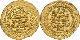 Nûh III ibn Mansûr, 365-387 H./976-997 AD. 

Gold Dinar 383 H., Naysâbûr. With the name of the Simjurid Husâm ad-dawla. 3,64g. BMC O IX 417t; Album 14...