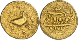 Jalâl ad-dîn Muhammad Akbar ibn Humâyûn, 963-1014 H./1556-1605 AD. 

Gold Bird Mohur, Month Khurdad Ilahi regnal year 50 (1014 H./ 1605 AD), Agra. Sta...