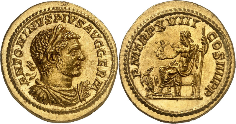 Caracalla, 198-217.

Aureus 215, Rome. ANTONINVS PIVS AVG GERM Laureate, drape...