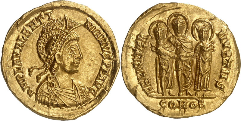 Valentinian III, 425-455.

Solidus winter 437-438, Thessalonica. D N PLA VALENTI...