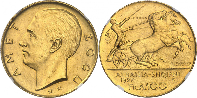 Ahmed Zogu, President, 1925-1928.

100 Franga Ari 1927 R, Rome. GOLD PATTERN. Ba...