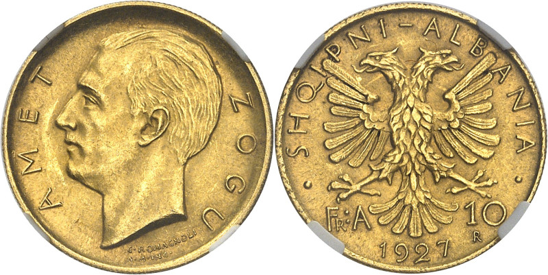 Ahmed Zogu, President, 1925-1928.

10 Franga Ari 1927 R, Rome. Bare head left. E...
