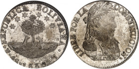 Republic of Bolivia.

4 Soles 1830 PTS JL, Potosi. Llamas beneath tree, stars above, denomination and date below / Uniformed bust right. 13,50g. KM 96...