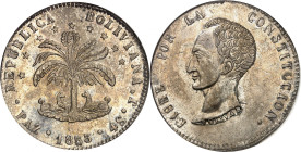 Republic of Bolivia.

4 Soles 1853 PAZ J, La Paz. Llamas beneath tree, stars above, denomination and date below / Bust left. 13,50g. KM 124.1.

NGC AU...