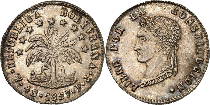 Republic of Bolivia.

4 Soles 1857 PTS FJ, Potosi. Llamas beneath tree, stars ab...