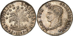 Republic of Bolivia.

4 Soles 1857 PTS FJ, Potosi. Llamas beneath tree, stars above, denomination and date below / Laureate bust left. 13,69g. KM 123....