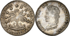Republic of Bolivia.

4 Soles 1859 PTS FJ, Potosi. Llamas beneath tree, stars above, denomination and date below / Laureate bust left. 13,50g. KM 123....