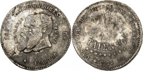 Republic of Bolivia.

1/2 Melgarejo 1865, Potosi. Jugate heads left / legend and stars, date below. 9,70g. KM 145.2.

NGC UNC Details Cleaned. (216037...