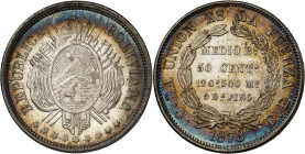 Republic of Bolivia.

50 Centavos (1/2 Boliviano) 1873 PTS FE, Potosi. Crossed flags and weapons behind condor-topped oval arms, stars below / Denomin...