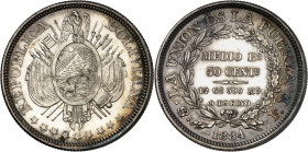 Republic of Bolivia.

50 Centavos (1/2 Boliviano) 1884 PTS FE, La Paz. PATTERN. Crossed flags and weapons behind condor-topped oval arms, stars below ...